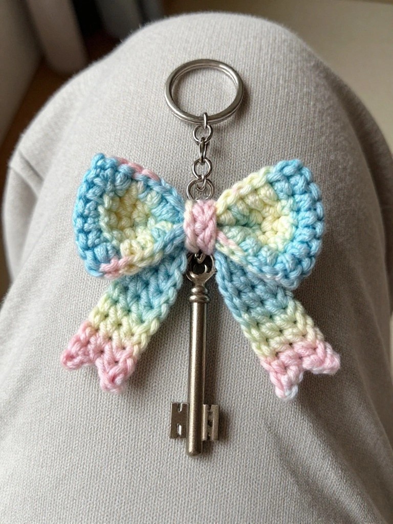 Pastel Ombre Bow Keychain with Mini Key Charm