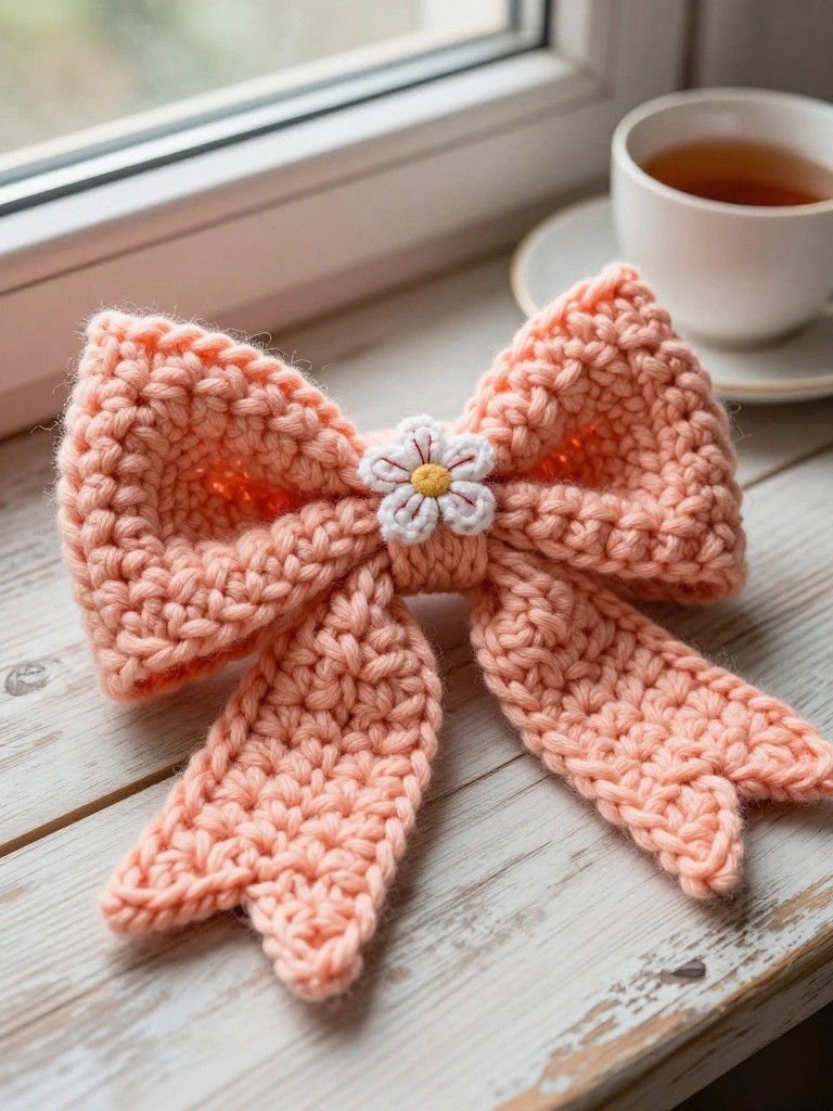 Peach Bow Keychain with Daisy Center