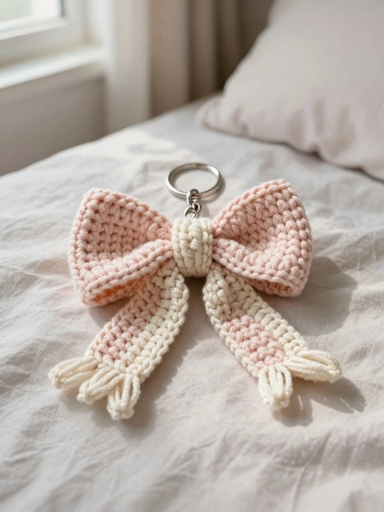 Two Tone Bow Keychain with Fringed Tails