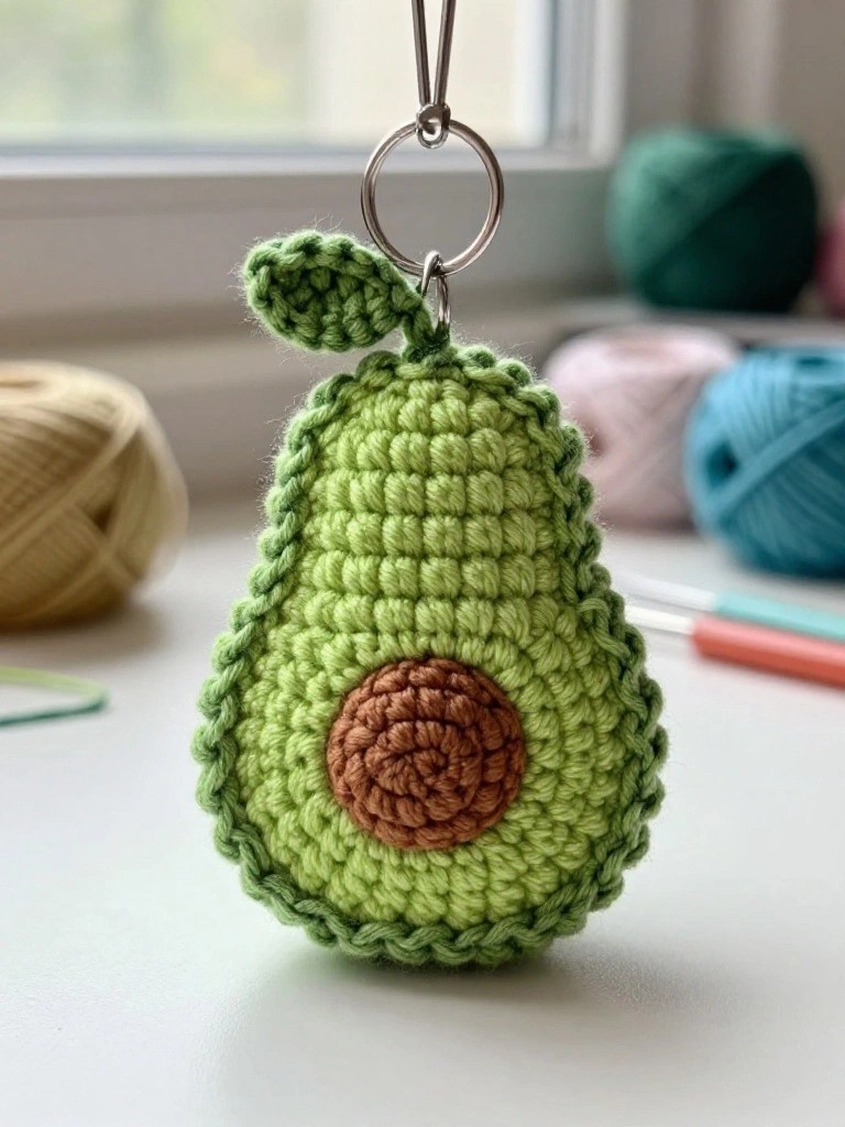 Avocado Keychain from Scrap Yarn