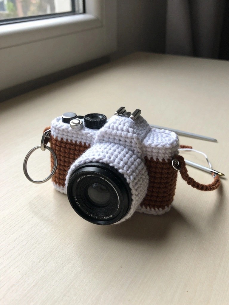 A crocheted brown and white camera-shaped case with a keyring attached sits on a wooden table next to a crochet hook.