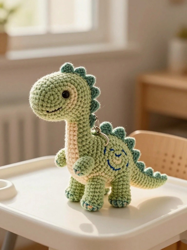 A crocheted light green dinosaur keychain with blue face details and a metal ring attached sits on a white tray.