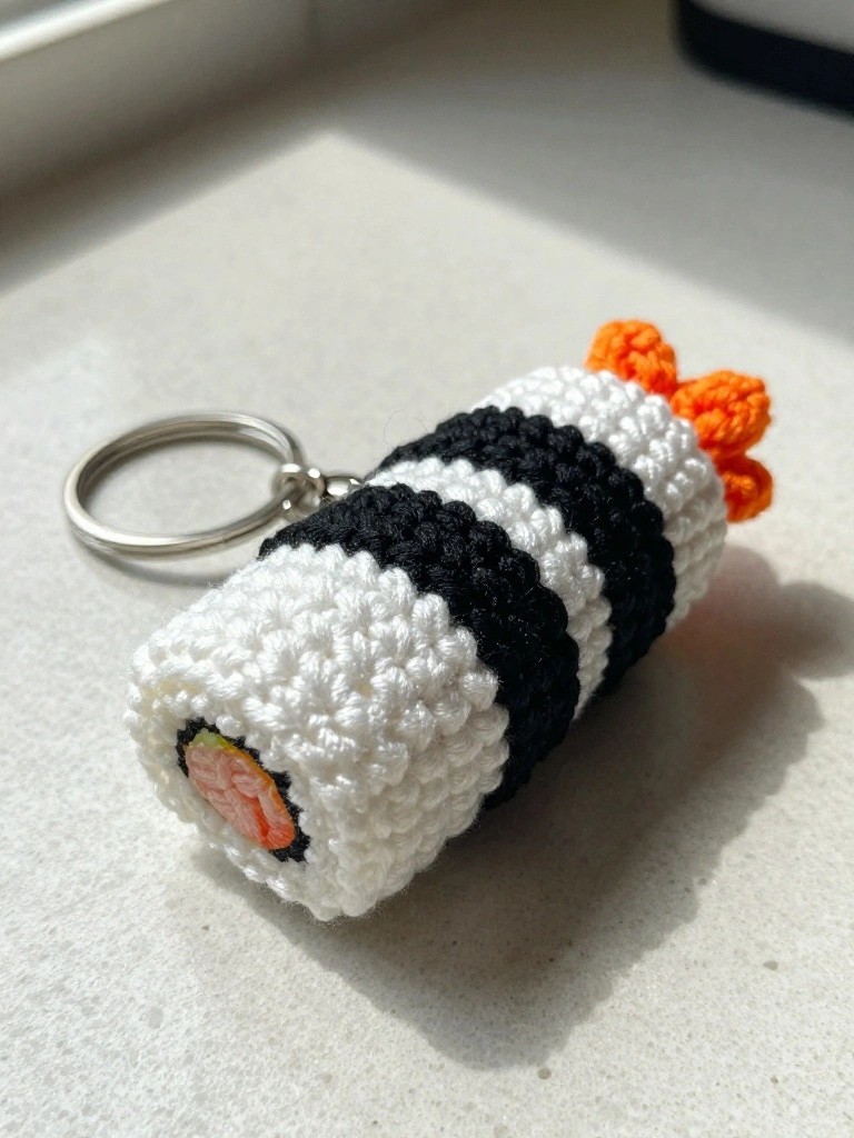 A crocheted sushi roll keychain with white rice texture, black stripes, and an orange topping attached to a metal key ring.
