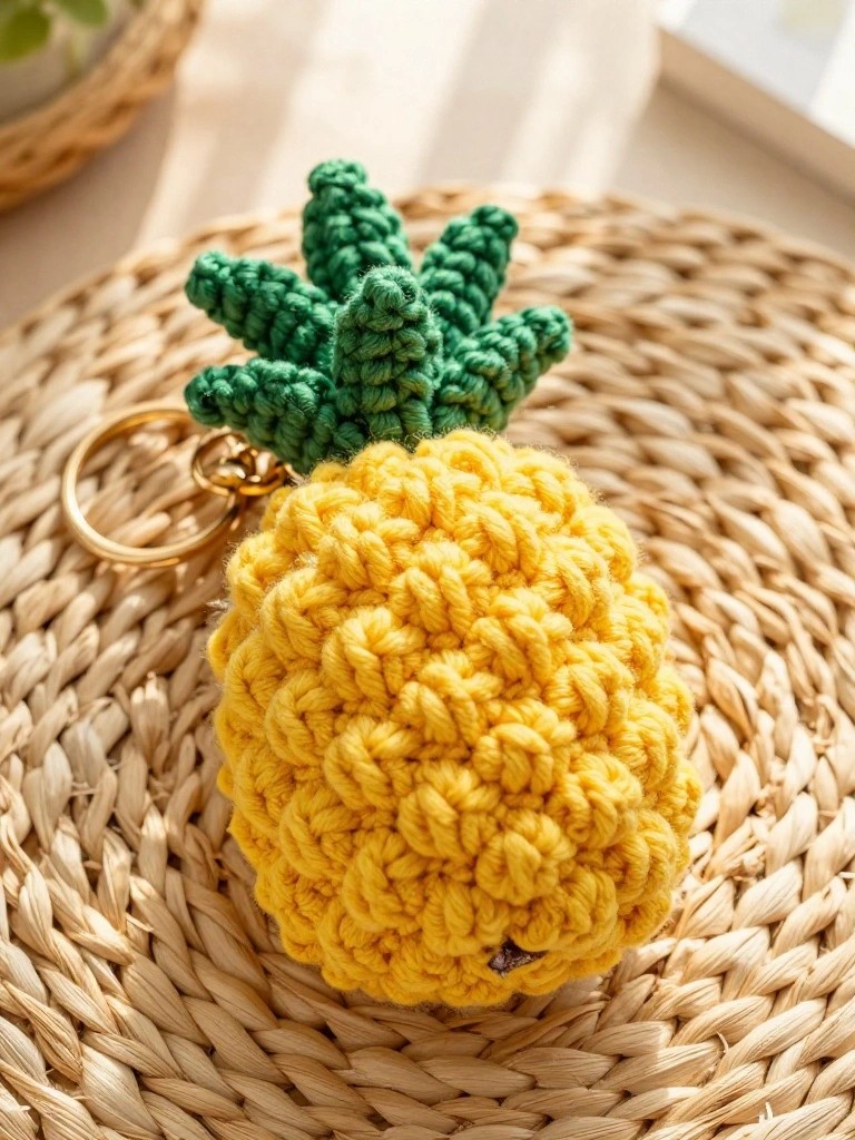 A yellow crocheted pineapple keychain with green leaves attached to a gold keyring resting on a woven surface.