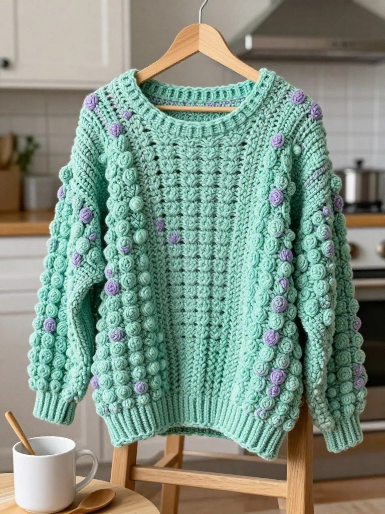 Rose-Embellished Chunky Sweater