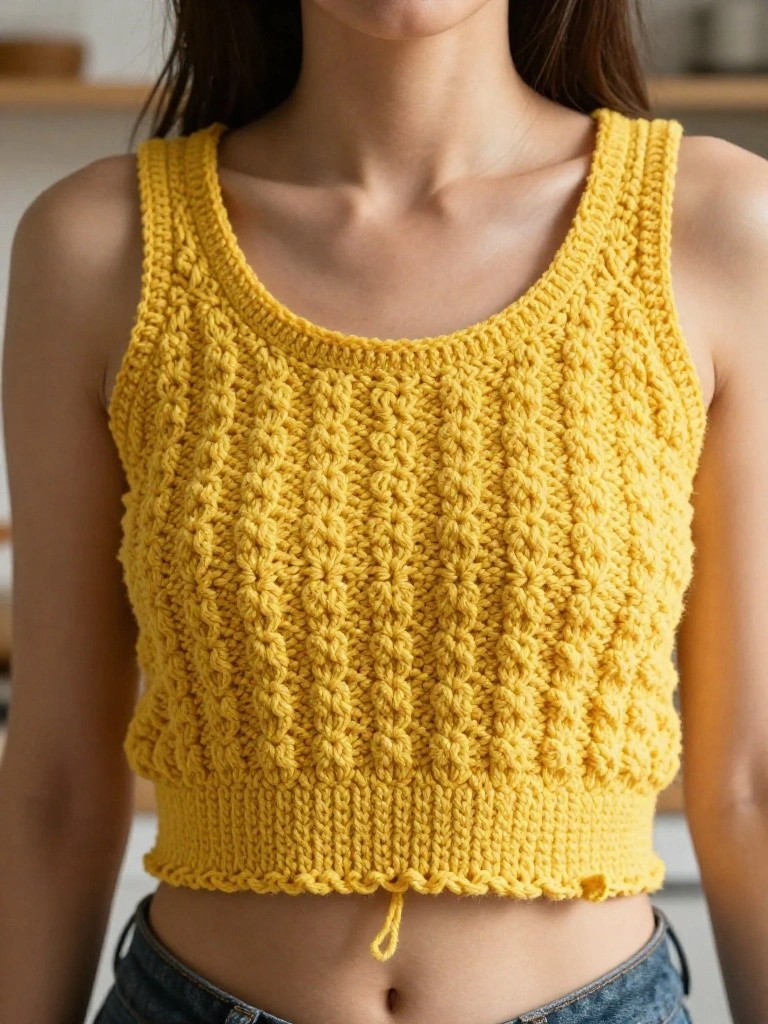 A woman wearing a bright yellow crocheted crop top with vertical textured stitches and a drawstring hem.