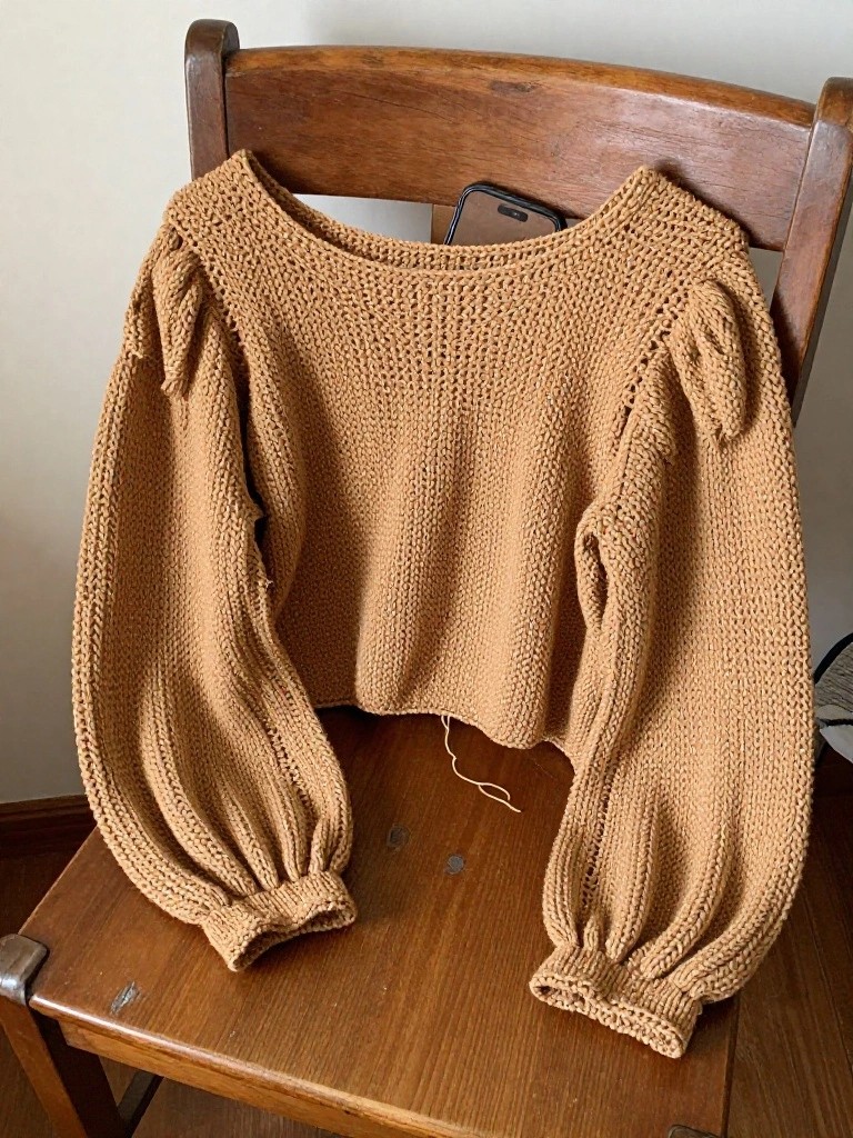 Cropped Off-Shoulder Pullover with Gathered Sleeves