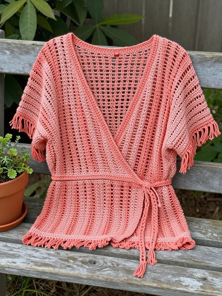 Fringed Open-Stitch Wrap Top