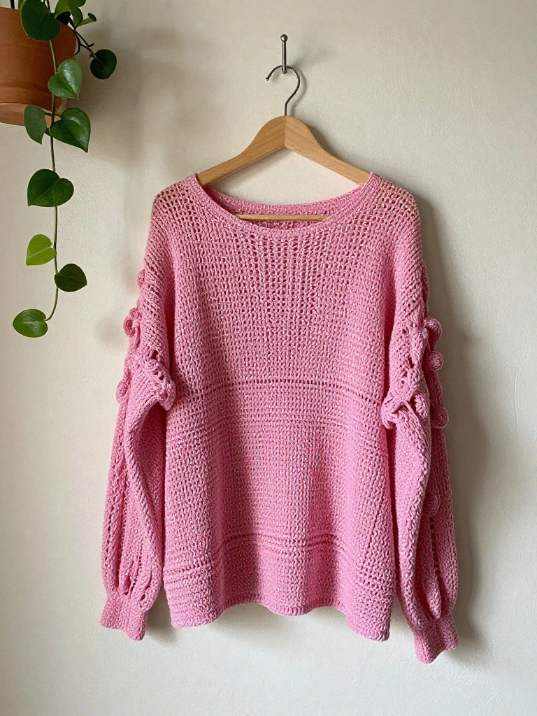 Lacy Openwork Sweater with Rosette Sleeve Details