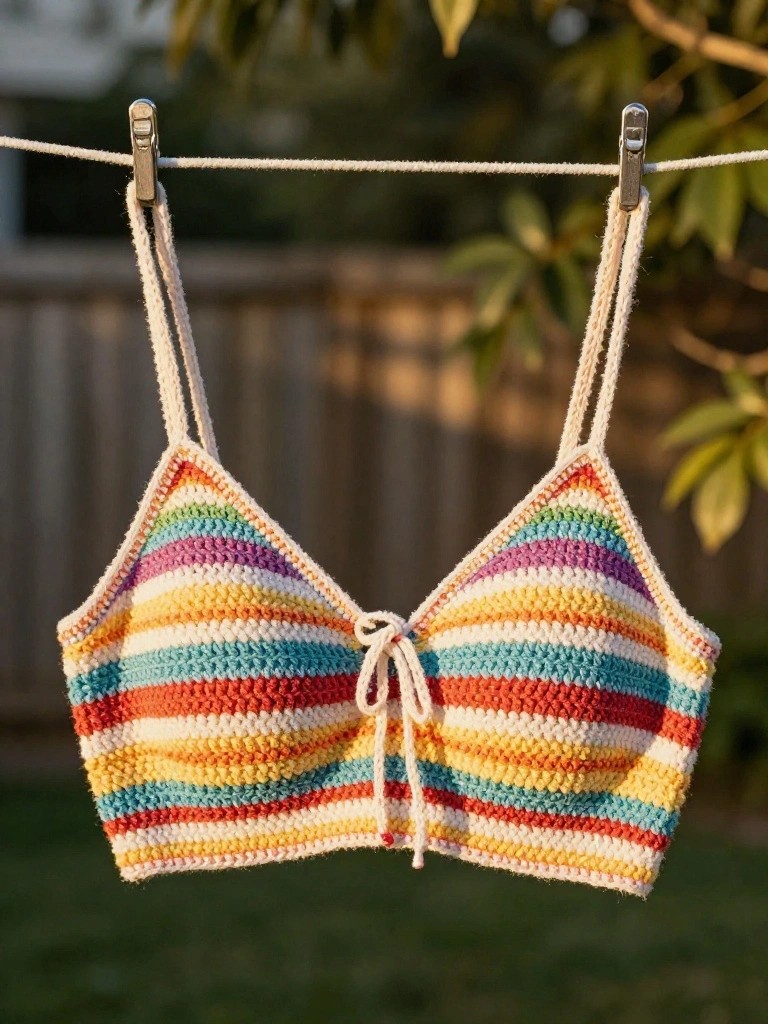 Striped Crochet Bralette With Front Ties