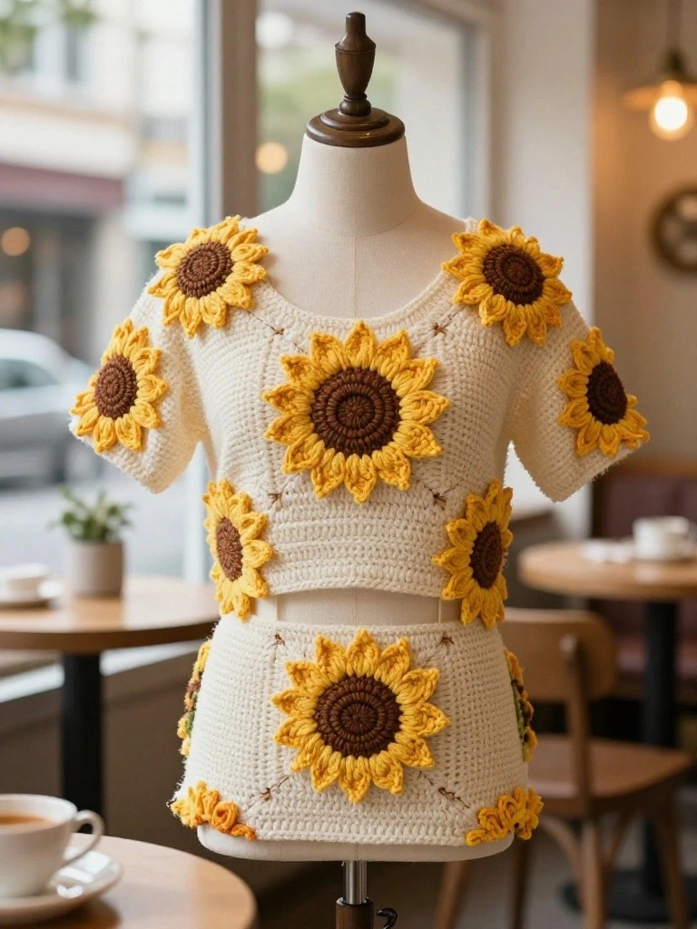 Sunflower Appliqué Crop Top and Skirt