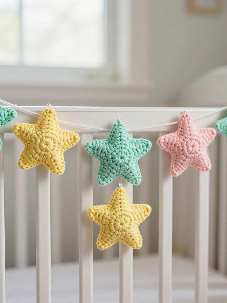 A string of crocheted yellow, mint green, and pink stars hangs across the top rail of a white crib.