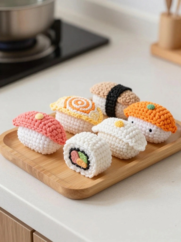 Crochet Sushi Plushies for Play Kitchens or Shelf Displays