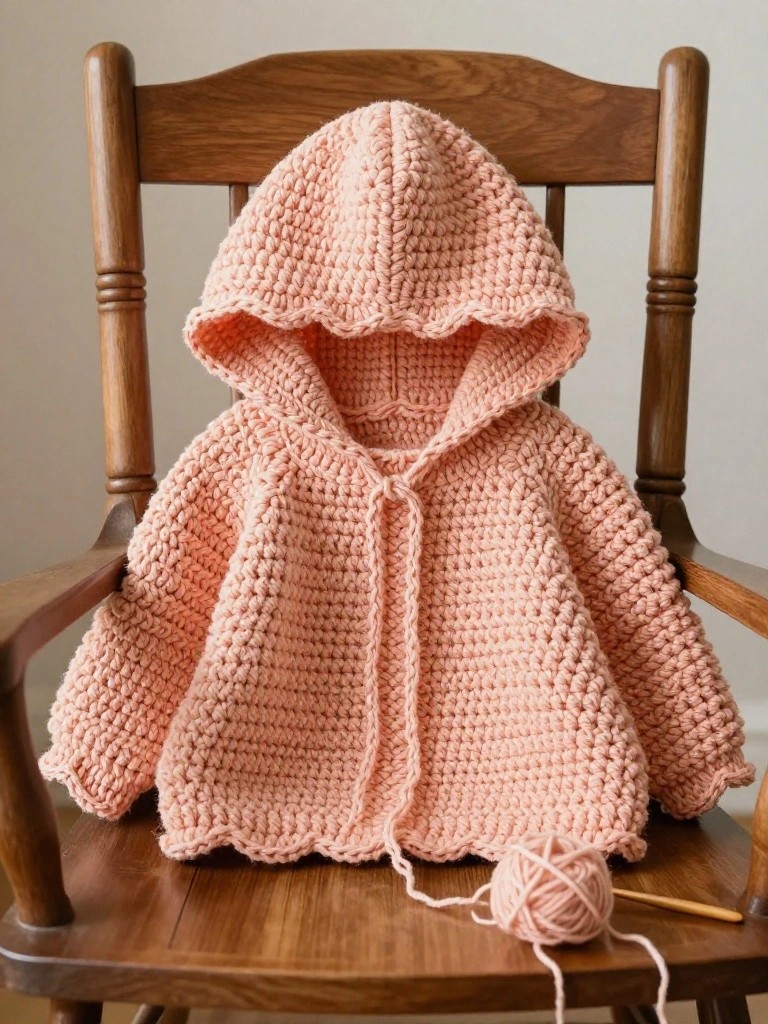 Pink crocheted baby hooded jacket on a wooden chair with yarn ball and crochet hook.