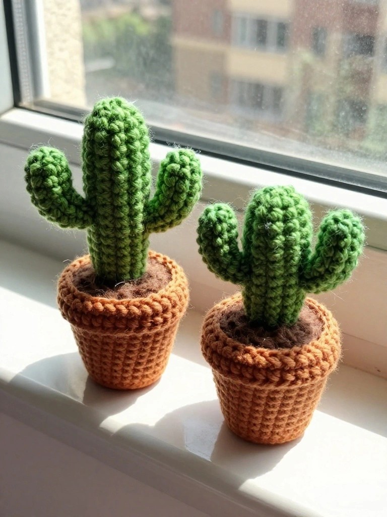 Mini Crochet Cacti in Pots for Desk or Shelf Decor