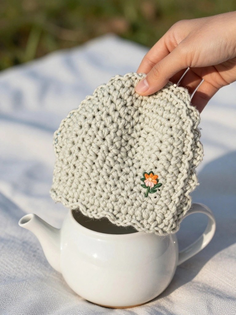 A hand holds a light gray crocheted cover with scalloped edges and a small embroidered flower over a white teapot.