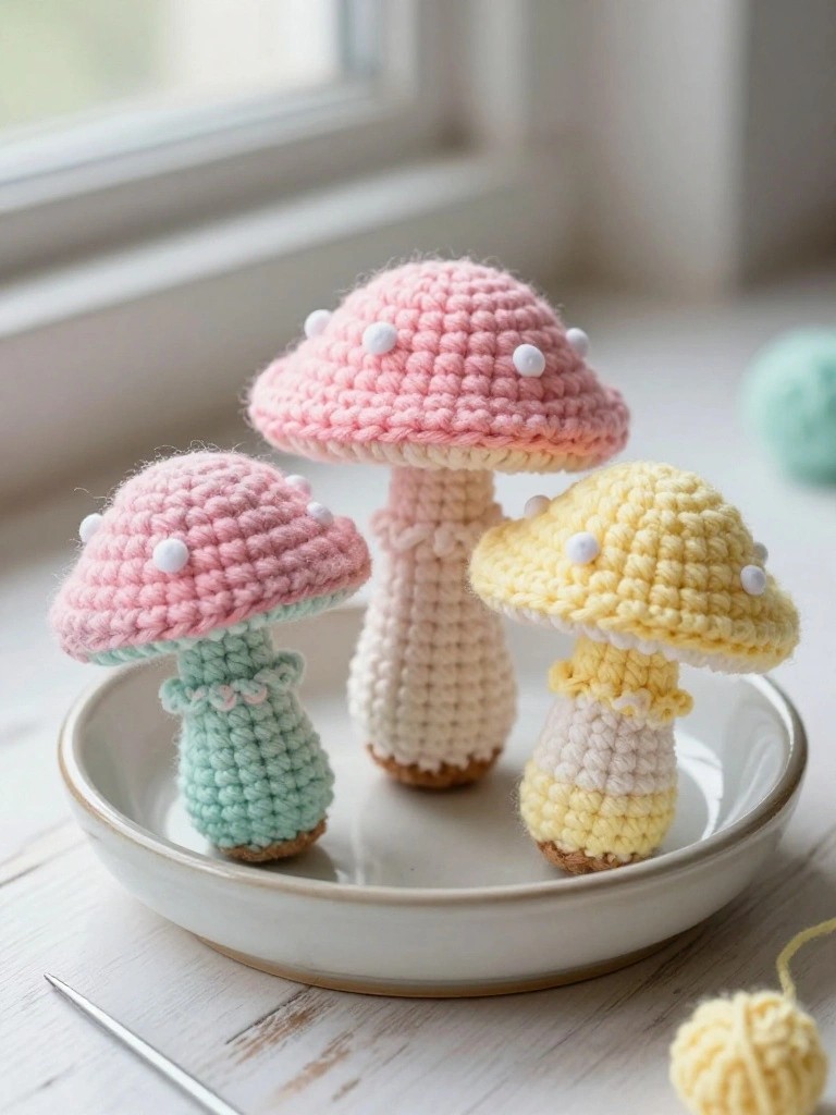 Tiny Crocheted Mushrooms for Shelf or Desk Decor