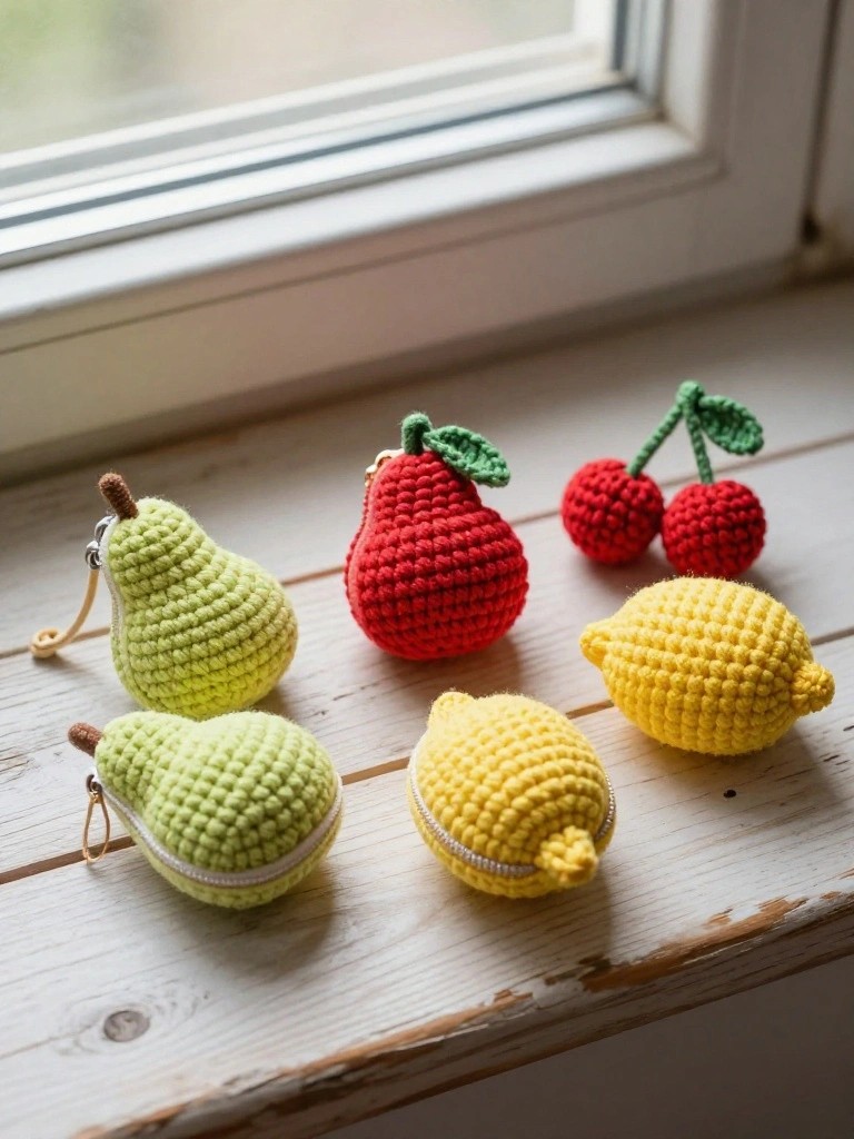 Crocheted fruit-shaped pouches with zippers rest on a wooden windowsill, showing green pears, a red apple, red cherries, and yellow lemons.