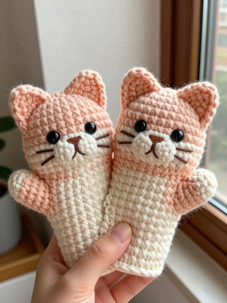 Hand holding two pink and white crocheted cat hand puppets with black eyes