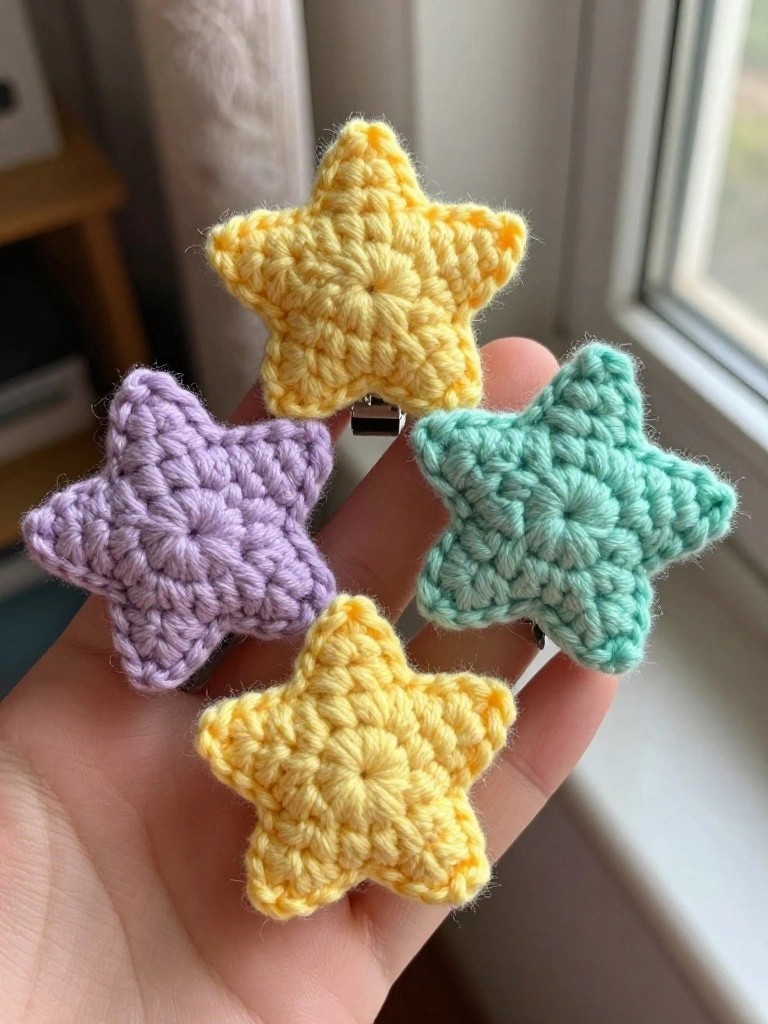 Four crocheted star shapes in yellow, purple, and mint green attached to clips and held in a hand.
