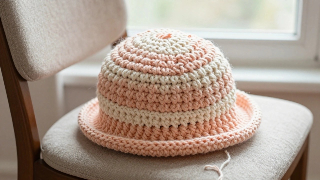 Pink and white striped knit pumpkin beret on beige chair by window.