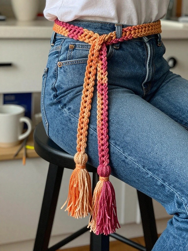 Colorful crocheted belt in orange-pink gradient with tassels on blue denim jeans.