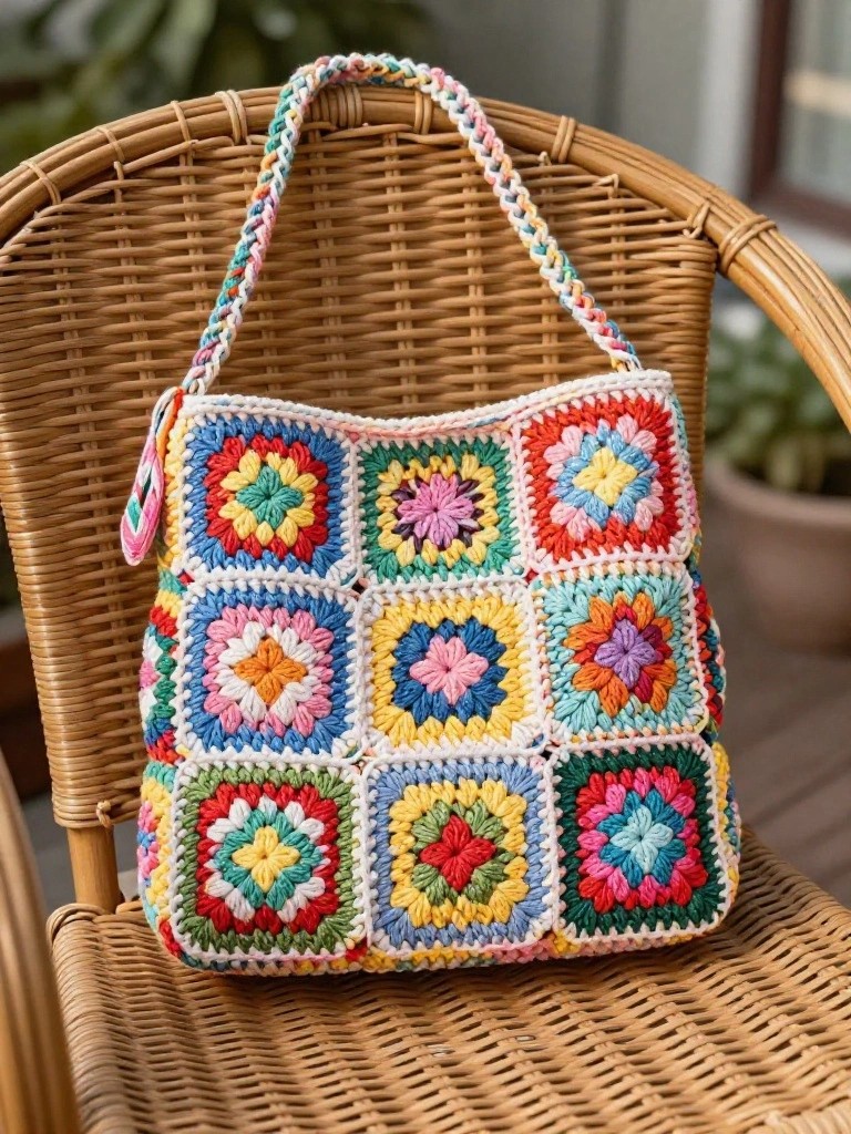Vibrant crocheted handbag of colorful granny squares on a wicker chair