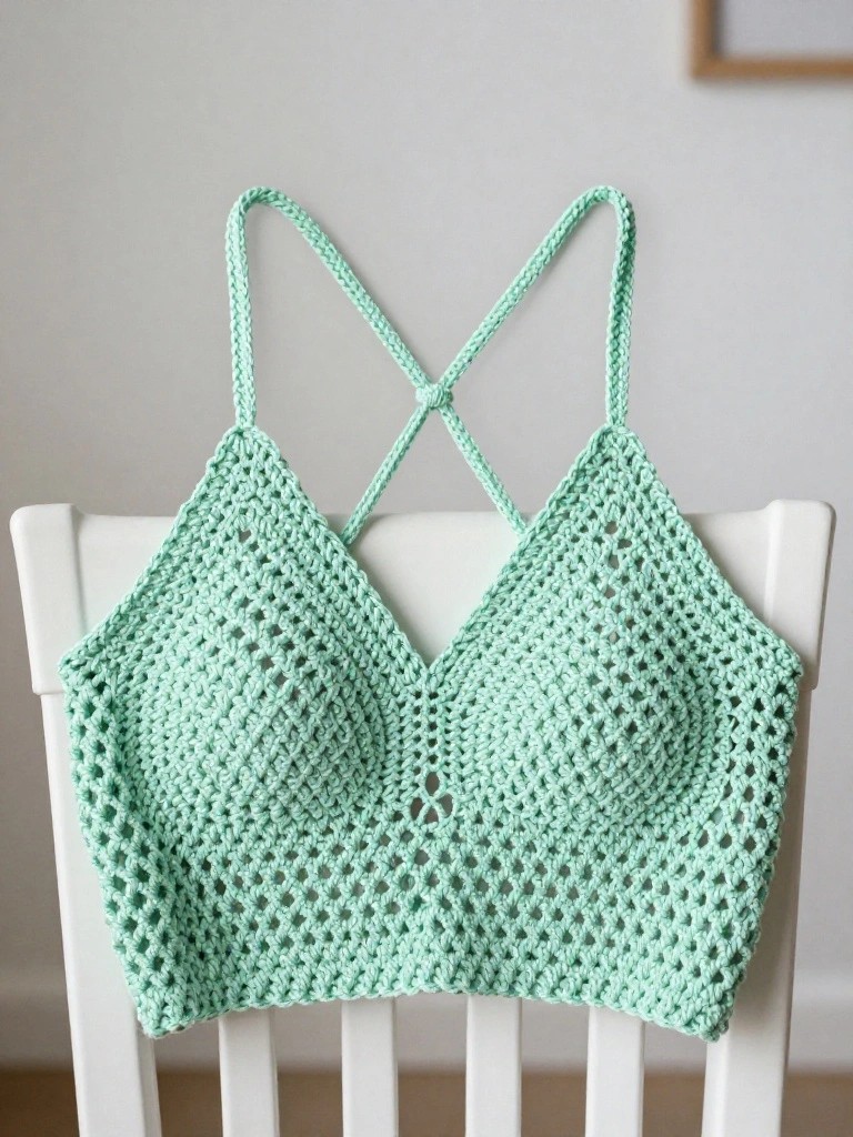 Mint green crocheted halter crop top with crossed straps on white chair