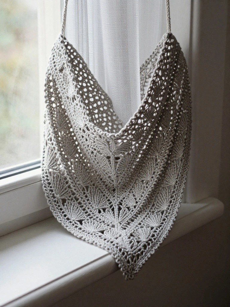 Lacy gray crochet shawl hanging before a window with sheer curtains.