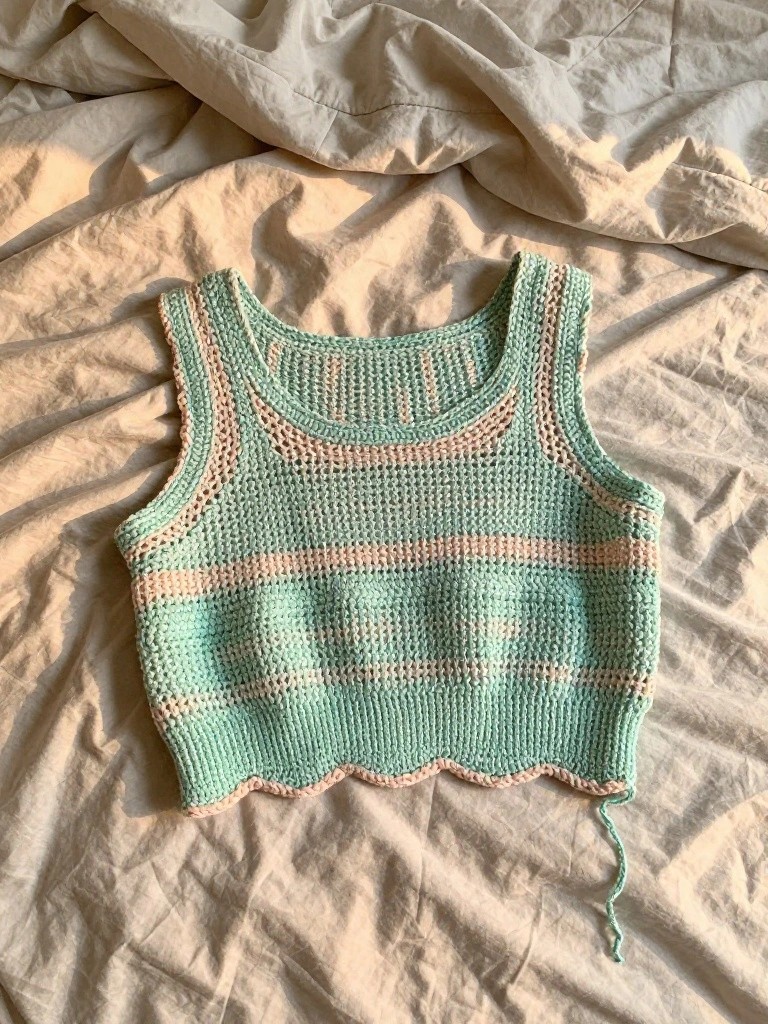 Mint green crochet crop top with pink stripes and scalloped hem on beige fabric