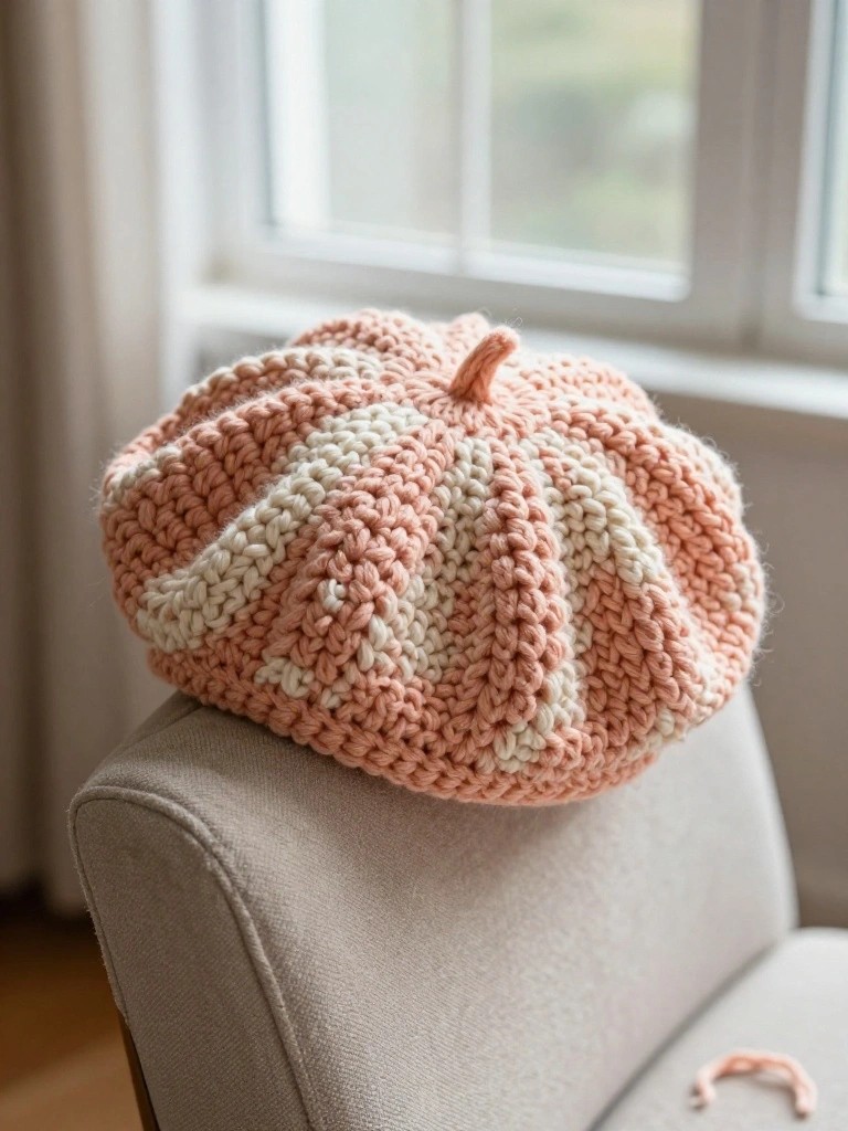Pink and white striped knit pumpkin beret on beige chair by window.