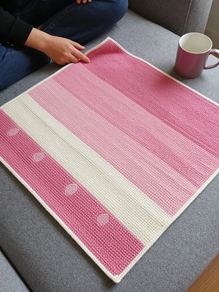 Person in blue jeans touching pink striped knitted blanket beside pink mug on gray couch