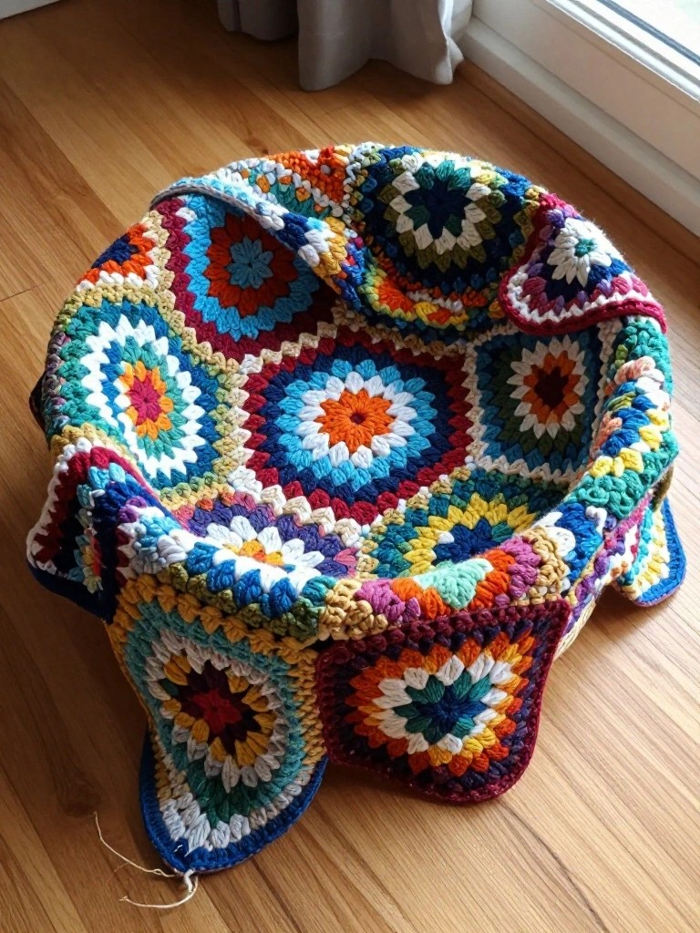Colorful crocheted granny square blanket piled on wooden floor by window.