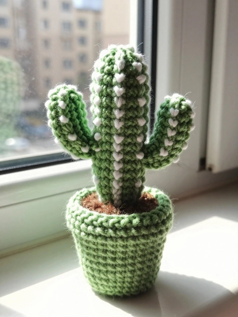 Crocheted green cactus with white accents in matching pot on sunny windowsill.
