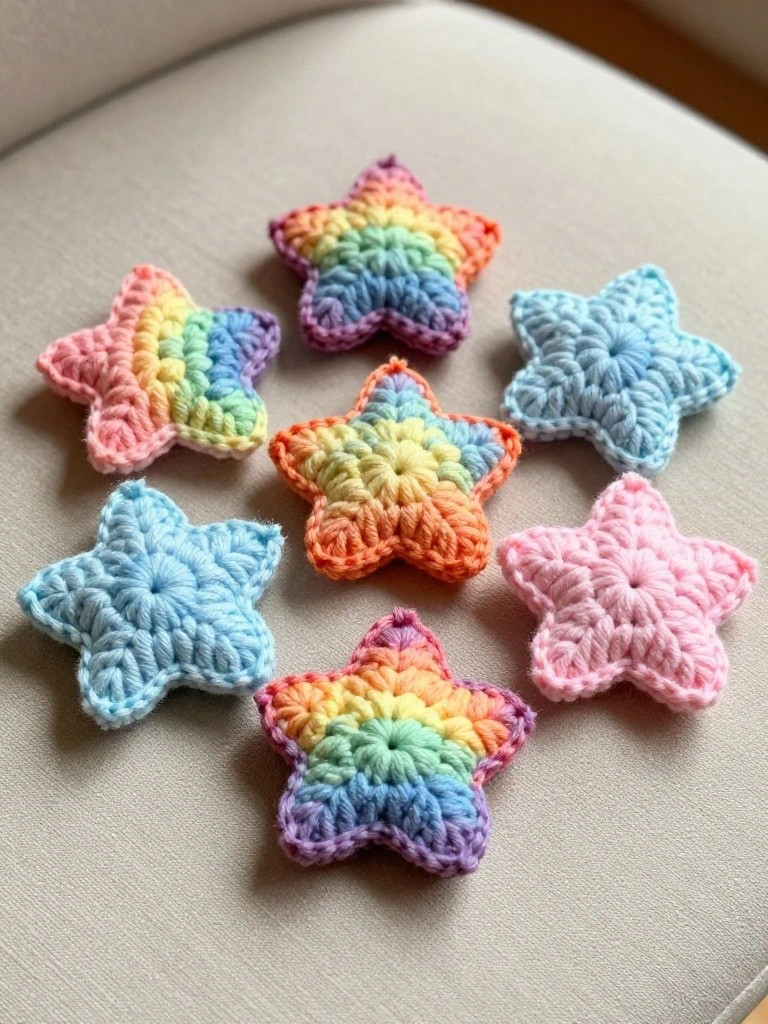 Seven crocheted rainbow stars in pastel hues on light fabric surface.