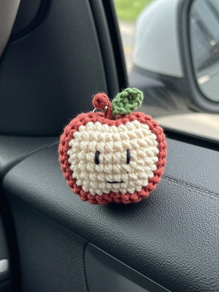 Crocheted red apple keychain with smiling face on black car dashboard