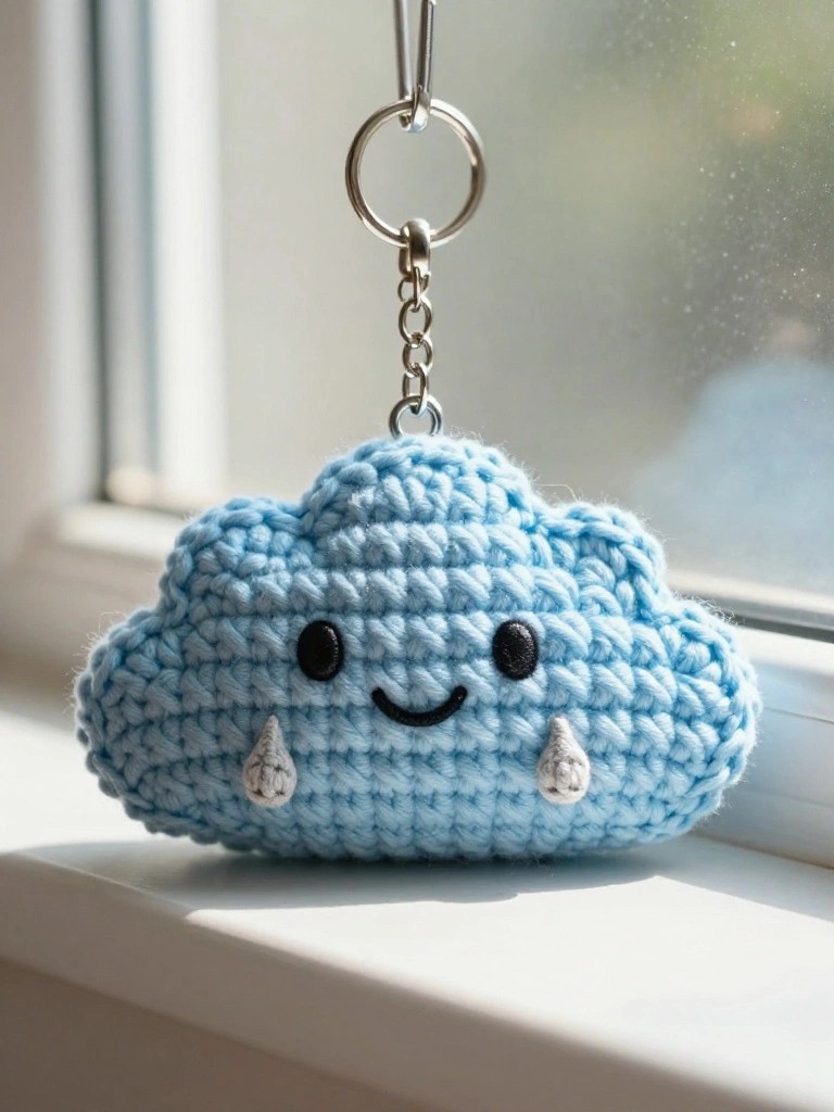 Blue crocheted cloud keychain with smiling face and raindrops on windowsill.