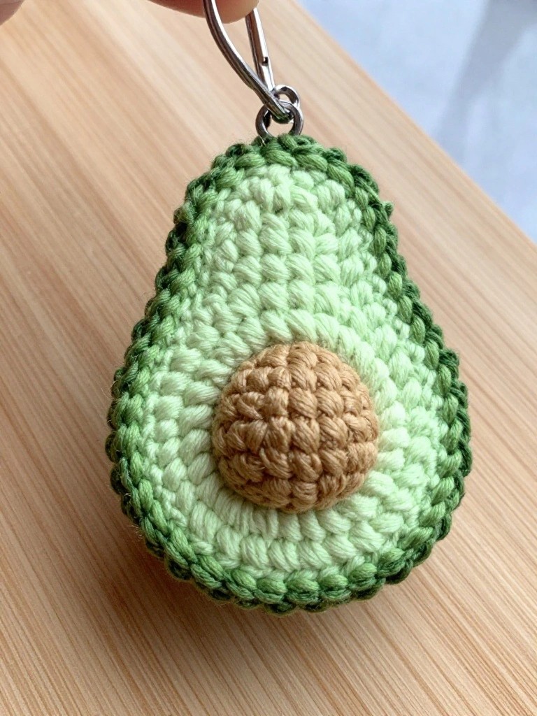 Crocheted avocado keychain with green layers and brown pit on wood.