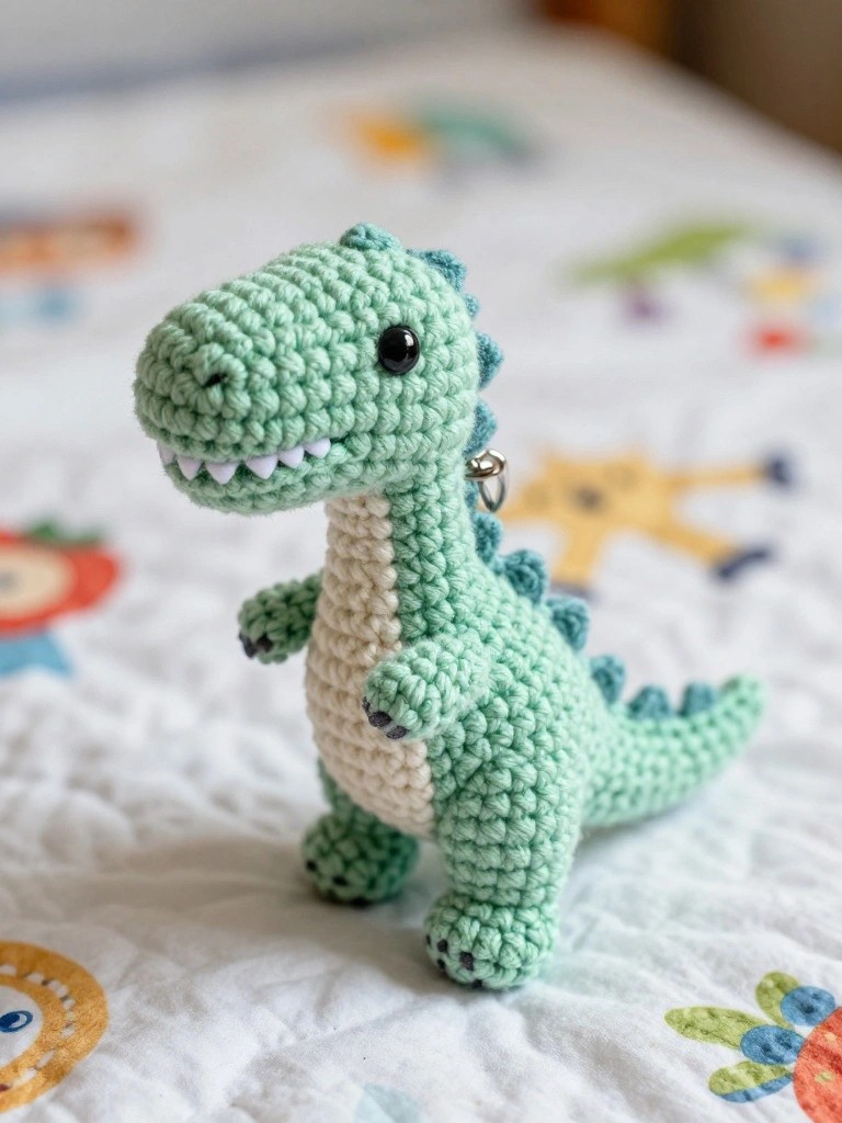 A mint green crocheted dinosaur keychain with a cream belly, black eyes, and white teeth rests on patterned fabric.
