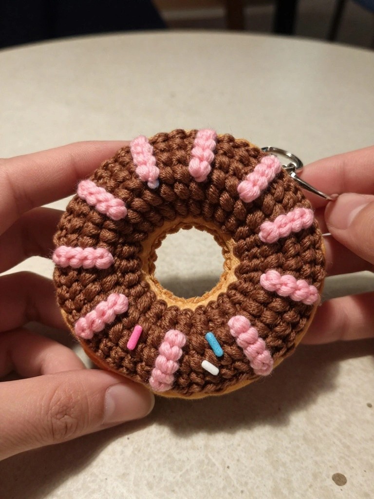 Crocheted donut keychain with brown base, pink stitched icing, colorful sprinkles, and attached metal keyring.