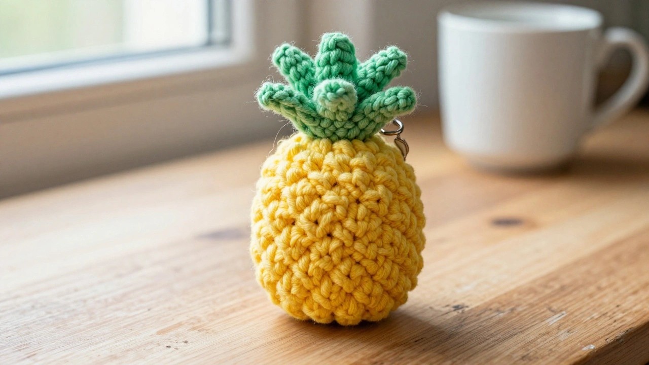 Yellow crocheted pineapple keychain with green top on wooden table near cup