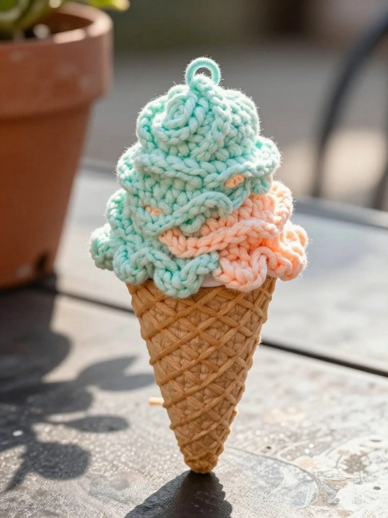 A crocheted ice cream cone keychain with mint green and peach scoops on a brown cone rests on a wooden table.