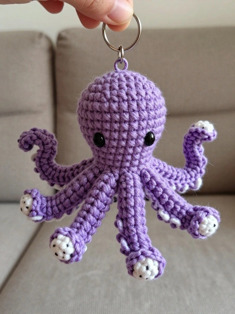 Purple crocheted octopus keychain with black eyes on silver ring held by hand
