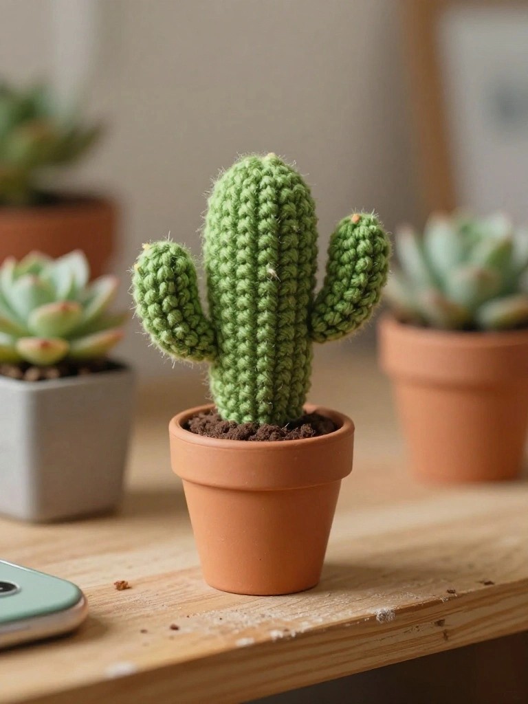 Crocheted green cactus in terracotta pot on wooden table with succulents