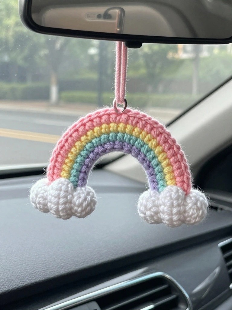 Crocheted rainbow with clouds hanging from car rearview mirror by pink string