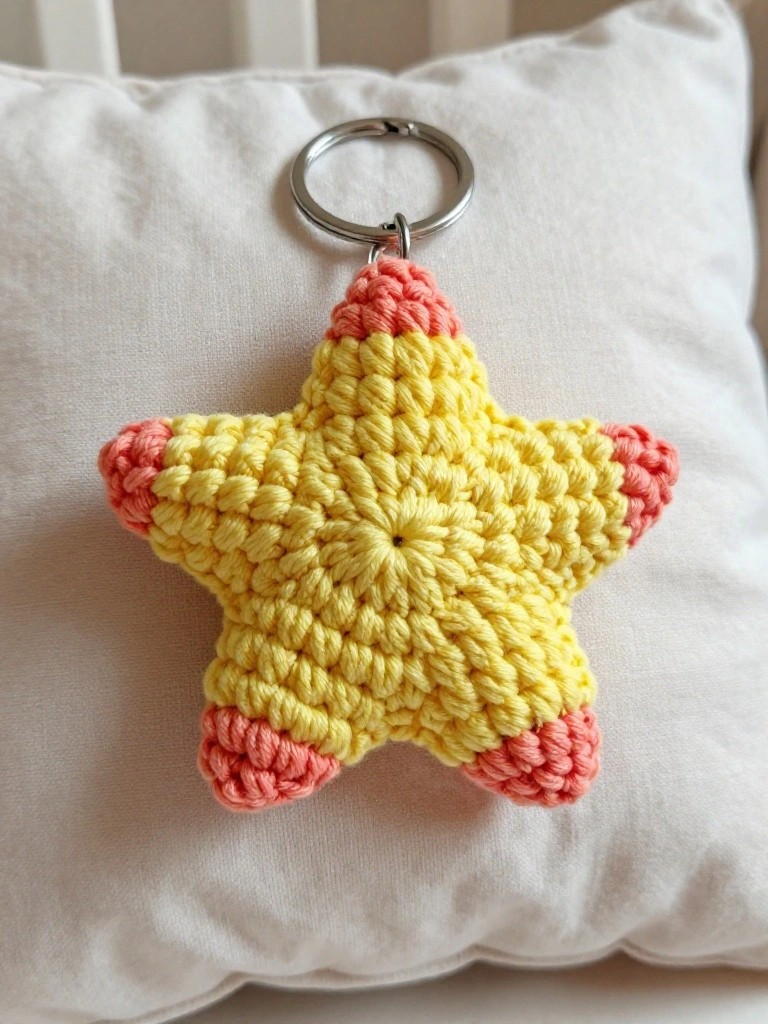Crocheted yellow star keychain with pink tips on white pillow surface