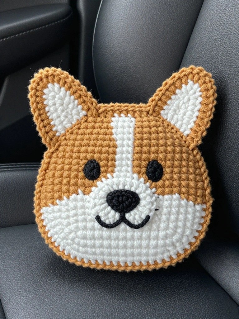 Brown crocheted corgi face pillow with white muzzle on car seat.