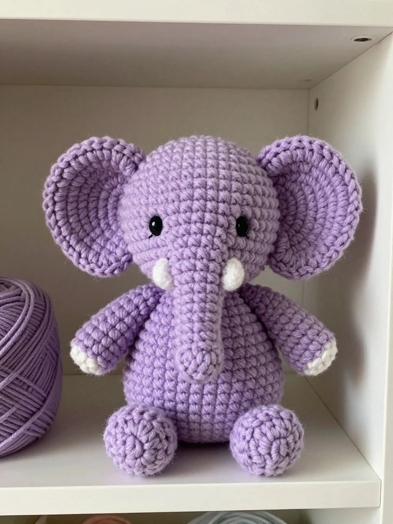 A crocheted purple elephant plush toy with white accents on the tusks and feet sits on a white shelf next to a ball of purple yarn.