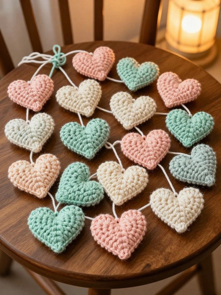 Pastel crocheted hearts strung on yarn across a round wooden table.
