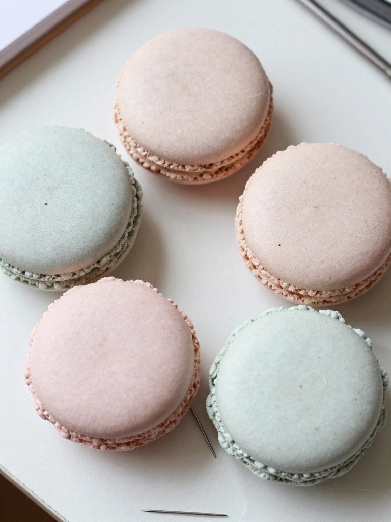 Pastel pink and mint macarons on white surface beside two needles.